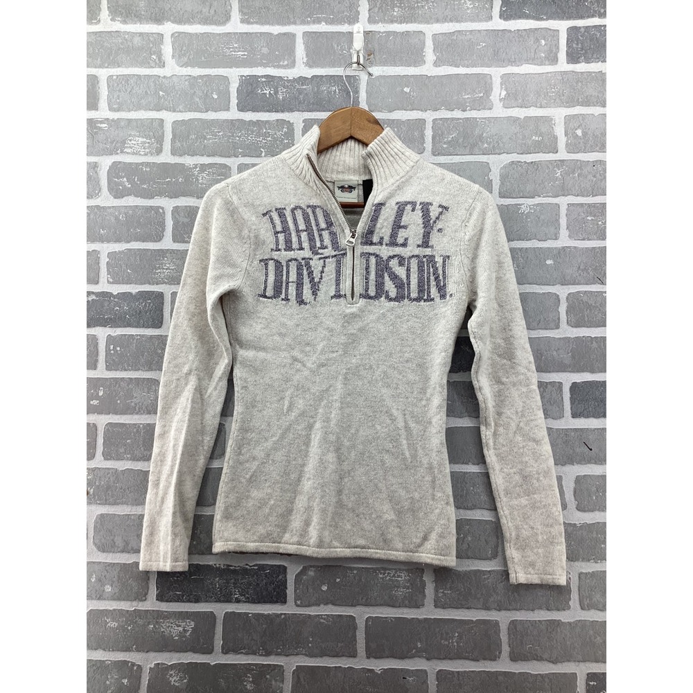 Harley-Davidson Womens Oatmeal Knit Quarter Zip Wool Blend Sweater Small Logo